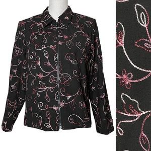 Floral Embroidered Zip-up Jacket PM Petite M VTG Collared Lined Pockets